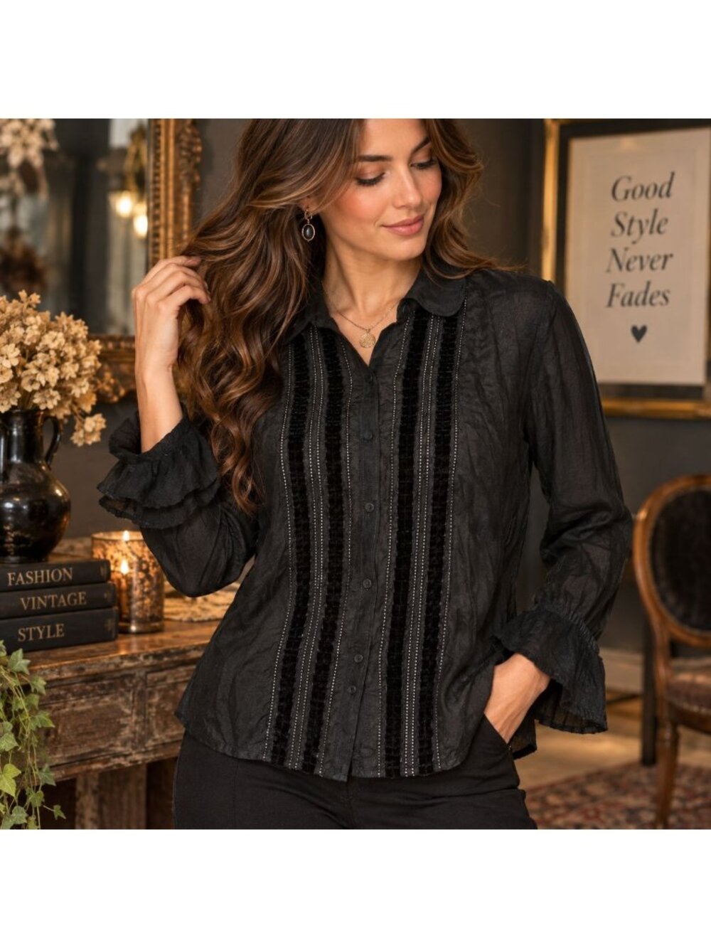 VTG GAP Black Silk Cotton Blouse Size 12 Velvet Ruffle Whimsigoth Victorian Y2K